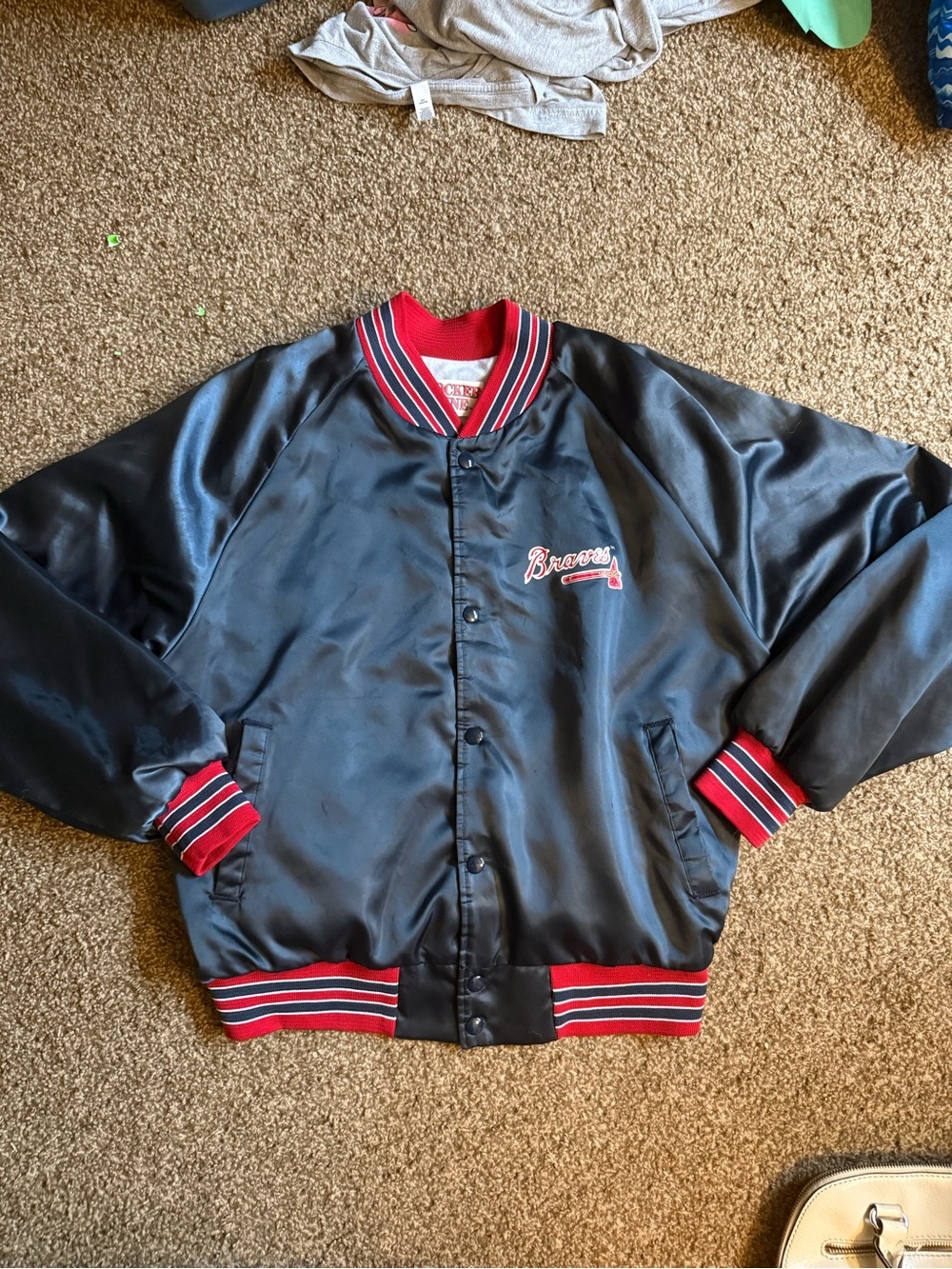 Vintage Braves Black & Red Satin Bomber Jacket - Team Script Chest Logo